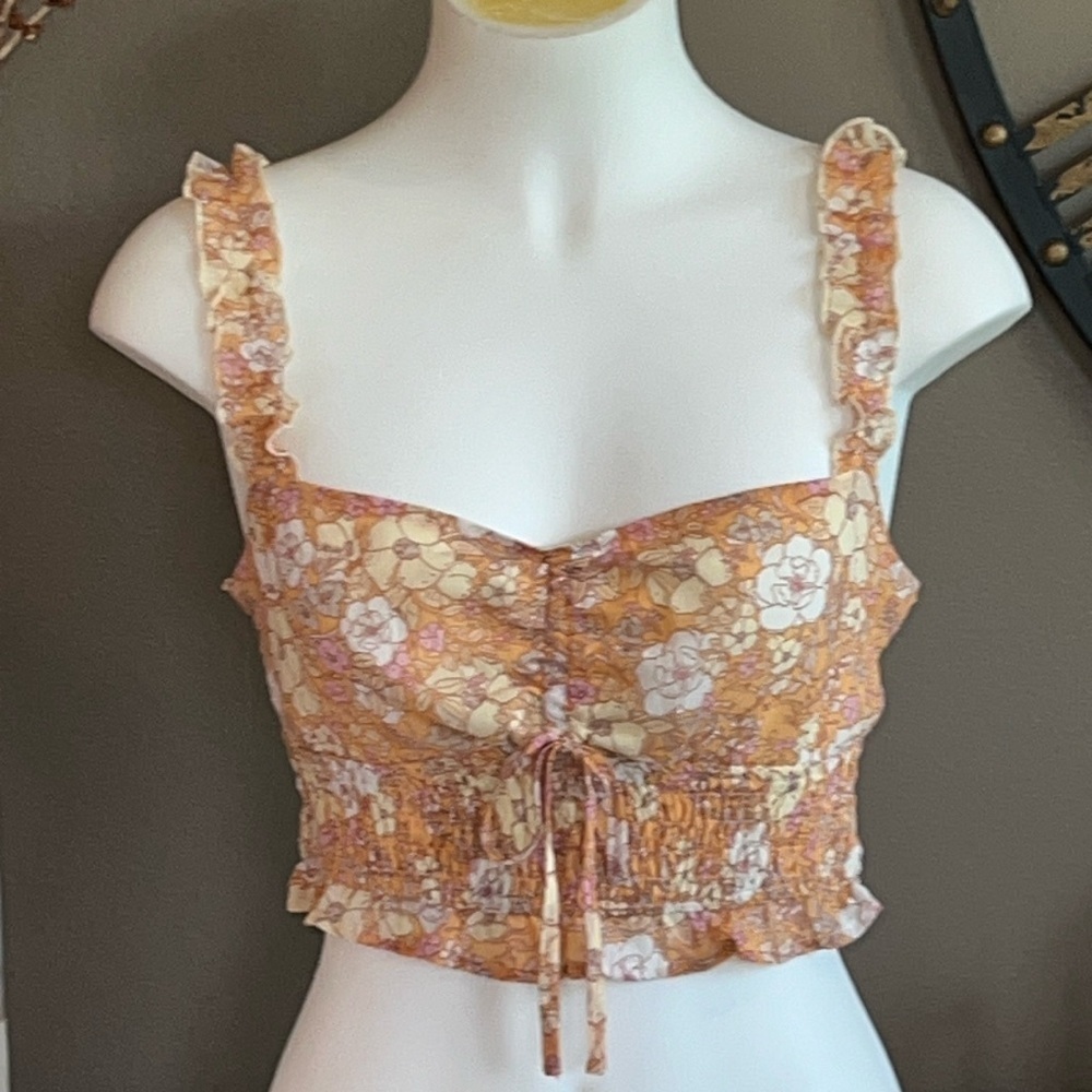 LE LIS Floral Smocked Shirred Crop Top Medium Fairycore Boho Coquette